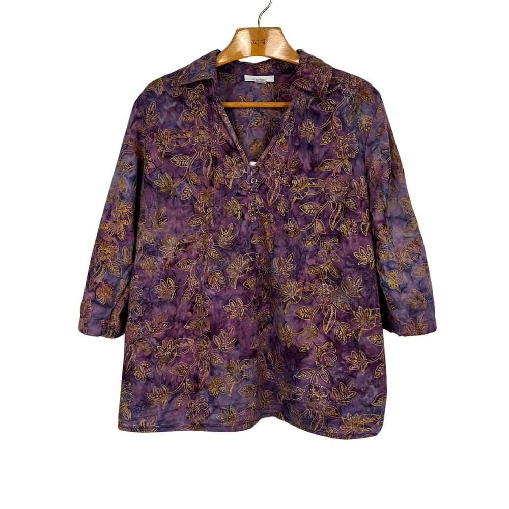 Dressbarn Woman Batik Floral Tunic Top 18/20 Purple Gold 100% Cotton 3/4 Sleeve